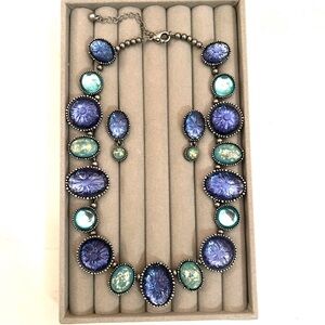 Avon Vintage Earring & Necklace Set, Blue-Green Carved Lucite Confetti Cabochons